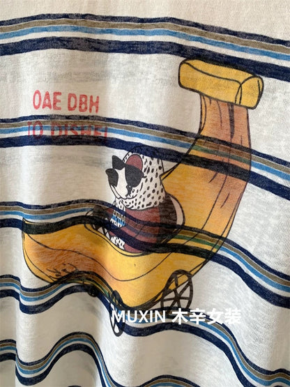 Banana Dog Print Early Autumn Thin Loose Breathable Korean Cartoon Women's Striped Long Sleeve Sunscreen T-shirt