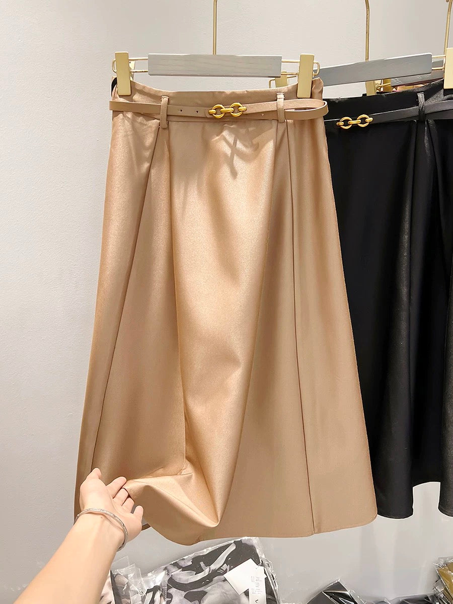 2023 new style temperament slim with belt solid color medium and long high waist A-line skirt female autumn suit skirt