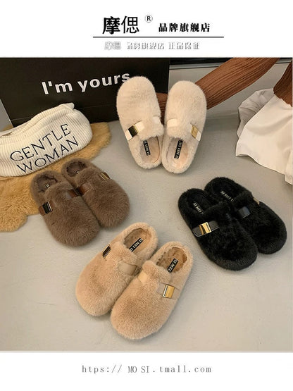 Mink fur thick-soled heightening fur slippers for women's outer wear 2024 new autumn and winter high-end plush toe cotton slippers