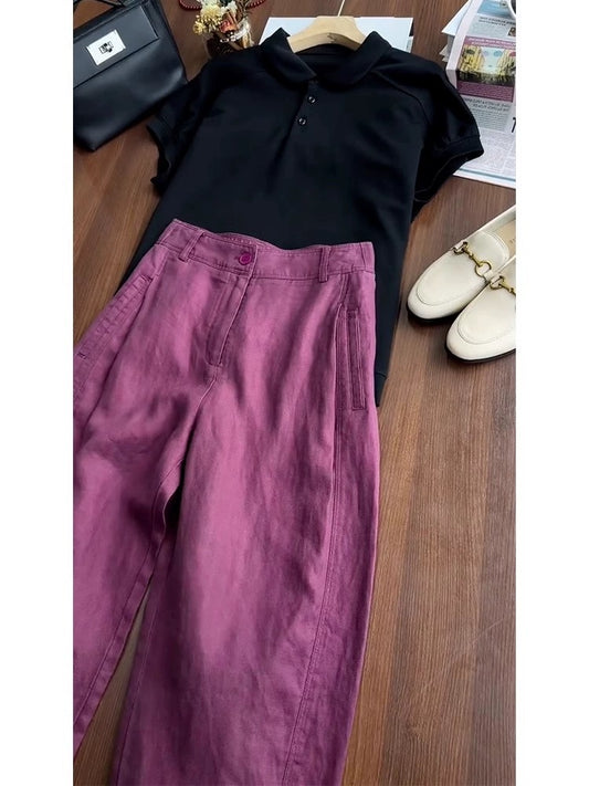 Summer clothes match a complete set of fashionable temperament 2024 new tops purple linen pants salt two-piece suit for women