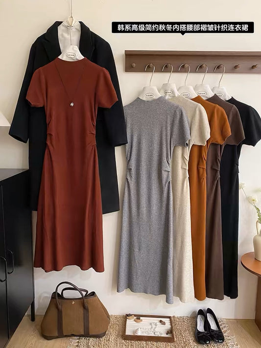 French smocked waist, half turtleneck, short-sleeved knitted dress for women, autumn inner layer, drape coat, base retro long skirt