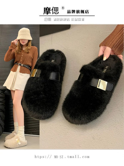 Mink fur thick-soled heightening fur slippers for women's outer wear 2024 new autumn and winter high-end plush toe cotton slippers