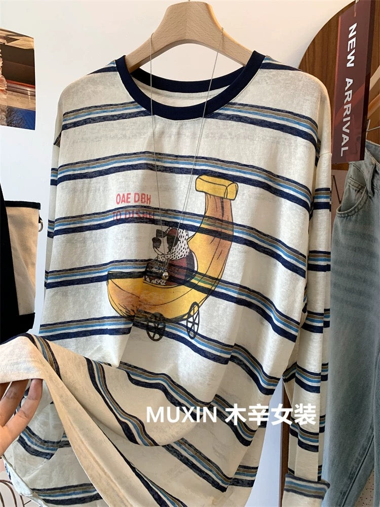 Banana Dog Print Early Autumn Thin Loose Breathable Korean Cartoon Women's Striped Long Sleeve Sunscreen T-shirt