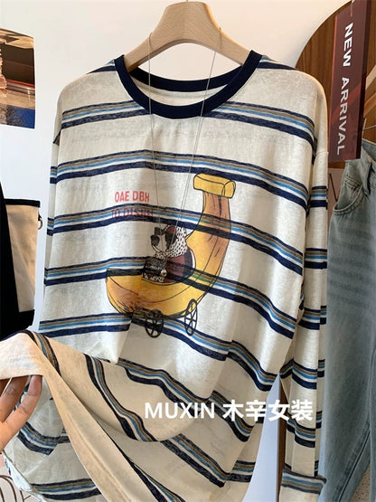 Banana Dog Print Early Autumn Thin Loose Breathable Korean Cartoon Women's Striped Long Sleeve Sunscreen T-shirt