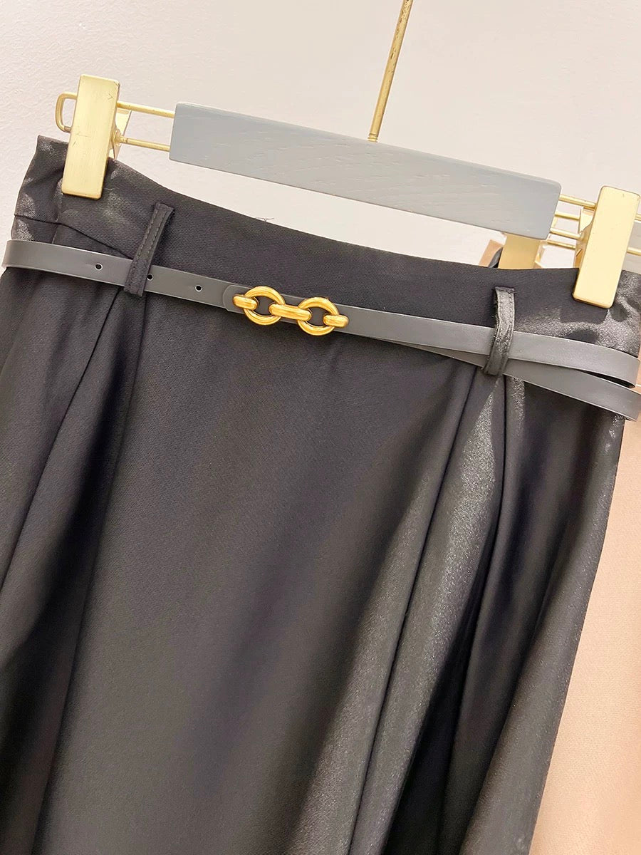 2023 new style temperament slim with belt solid color medium and long high waist A-line skirt female autumn suit skirt