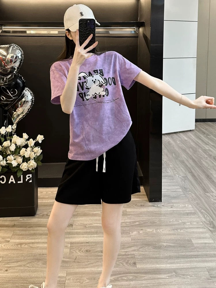 Fashionable and stylish printed short-sleeved suit for women in summer 2025 casual sports shorts two-piece suit loose and slim running clothes