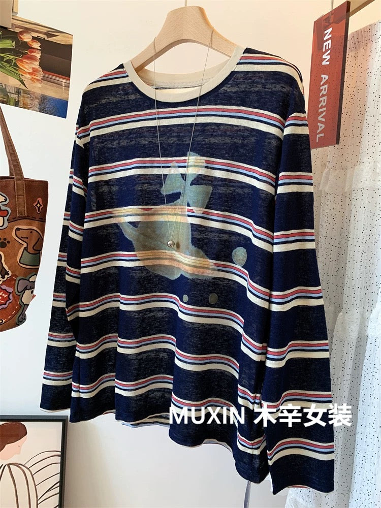 Planet print color matching stripes loose thin casual fashion Korean style large version women's autumn sun protection long sleeve T-shirt