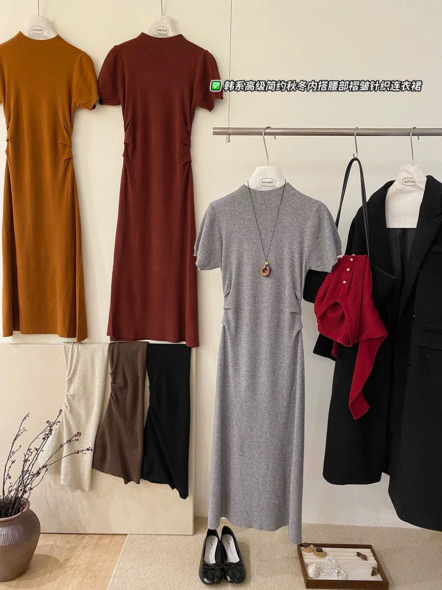 French smocked waist, half turtleneck, short-sleeved knitted dress for women, autumn inner layer, drape coat, base retro long skirt