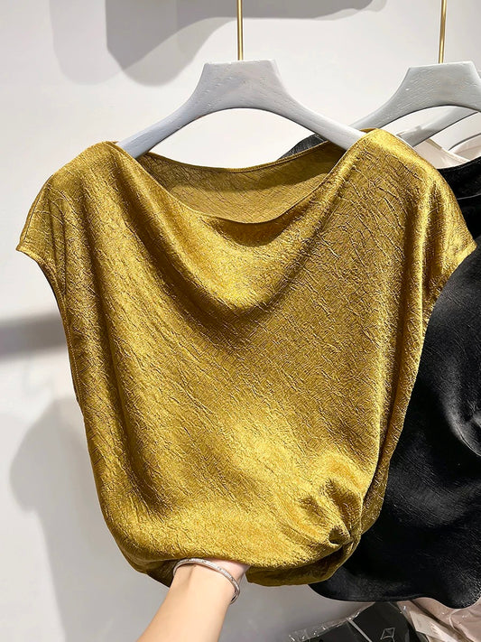 2024 new Korean temperament swing collar hem pleated embossed solid color sleeveless chiffon shirt female summer thin top
