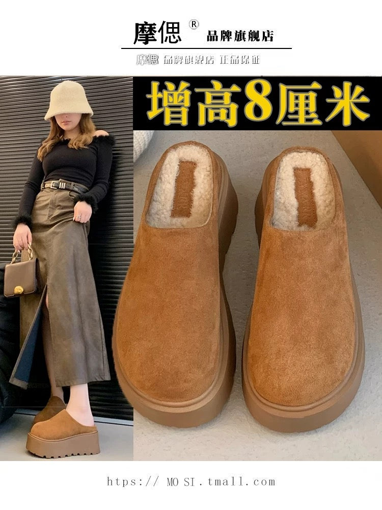 Thick sole heightening Birkenstock shoes plus velvet toe half slippers for women's outer wear 2024 new autumn and winter slip-on Birkenstock shoes
