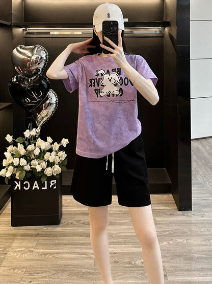 Fashionable and stylish printed short-sleeved suit for women in summer 2025 casual sports shorts two-piece suit loose and slim running clothes