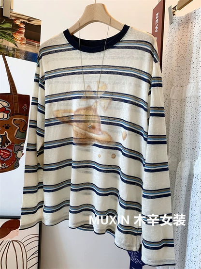 Planet print color matching stripes loose thin casual fashion Korean style large version women's autumn sun protection long sleeve T-shirt