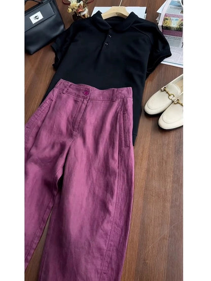 Summer clothes match a complete set of fashionable temperament 2024 new tops purple linen pants salt two-piece suit for women