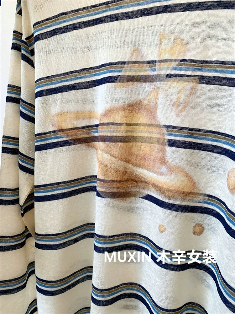 Planet print color matching stripes loose thin casual fashion Korean style large version women's autumn sun protection long sleeve T-shirt