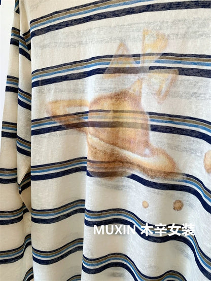 Planet print color matching stripes loose thin casual fashion Korean style large version women's autumn sun protection long sleeve T-shirt