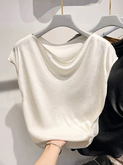 2024 new Korean temperament swing collar hem pleated embossed solid color sleeveless chiffon shirt female summer thin top