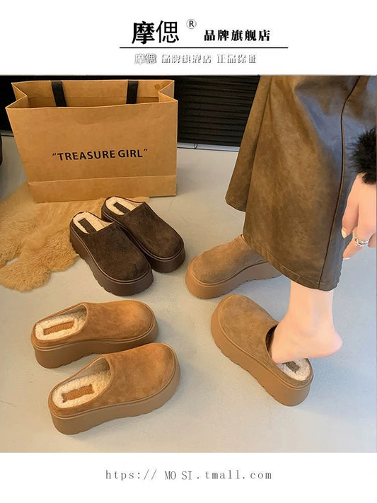 Thick sole heightening Birkenstock shoes plus velvet toe half slippers for women's outer wear 2024 new autumn and winter slip-on Birkenstock shoes