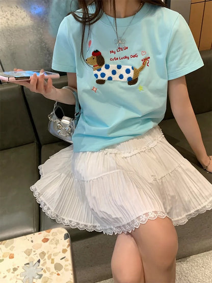 CCKOK cute dachshund puppy shoulder T-shirt 2024 spring and summer new Hong Kong style niche design short-sleeved women's trendy ins
