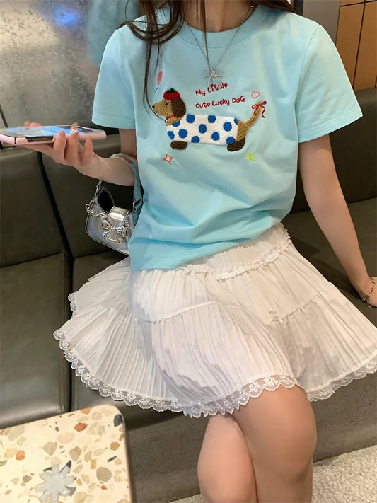 CCKOK cute dachshund puppy shoulder T-shirt 2024 spring and summer new Hong Kong style niche design short-sleeved women's trendy ins