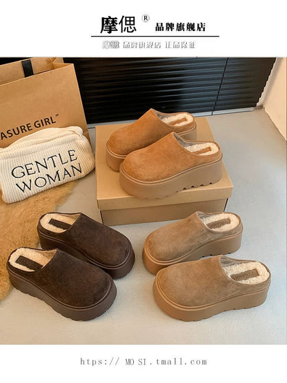 Thick sole heightening Birkenstock shoes plus velvet toe half slippers for women's outer wear 2024 new autumn and winter slip-on Birkenstock shoes