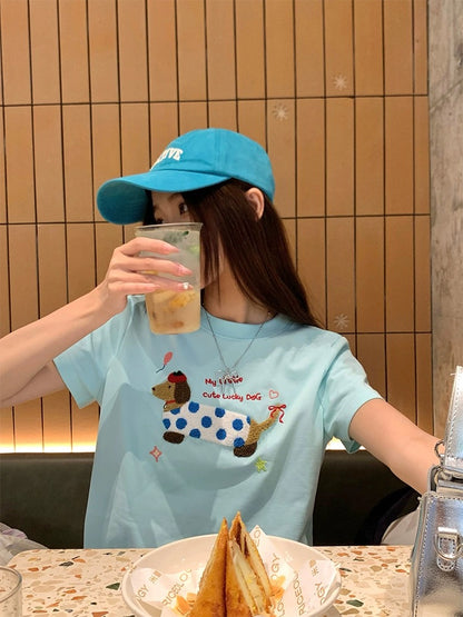 CCKOK cute dachshund puppy shoulder T-shirt 2024 spring and summer new Hong Kong style niche design short-sleeved women's trendy ins