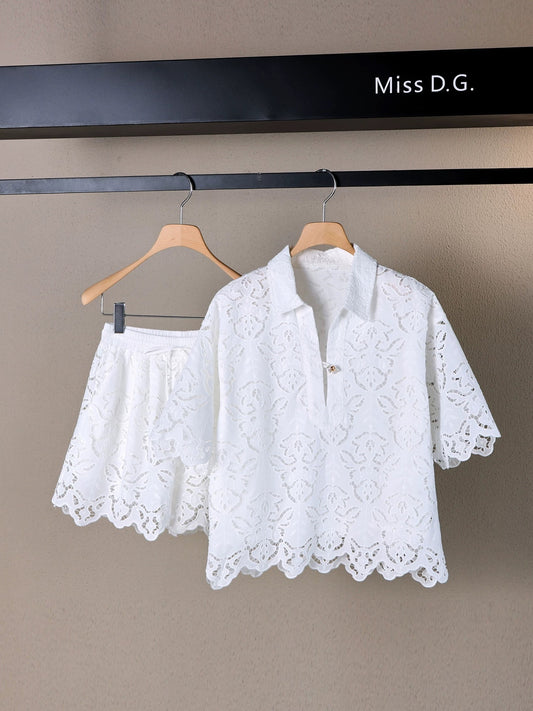 Miss DG Korean niche design white lace shirt female hollow design short-sleeved top drawstring shorts