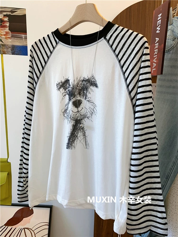 Scrawl Puppy Print Summer Cool Silk Thin Loose Striped Raglan Long Sleeve Korean Style Sunscreen T-shirt Women