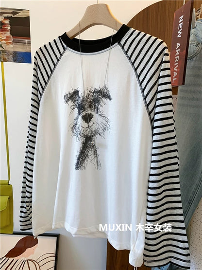 Scrawl Puppy Print Summer Cool Silk Thin Loose Striped Raglan Long Sleeve Korean Style Sunscreen T-shirt Women