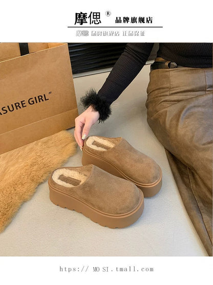 Thick sole heightening Birkenstock shoes plus velvet toe half slippers for women's outer wear 2024 new autumn and winter slip-on Birkenstock shoes