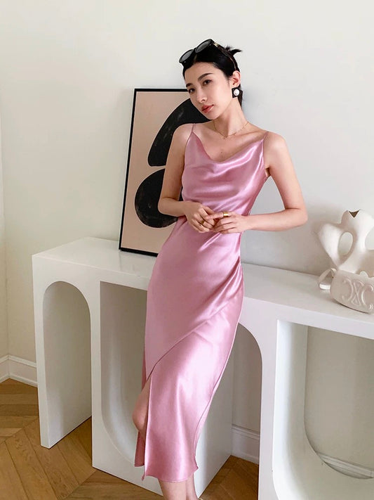 Summer new model for socialites, high-end goddess style, luxurious style, lazy holiday style dress, pink acetate suspender skirt