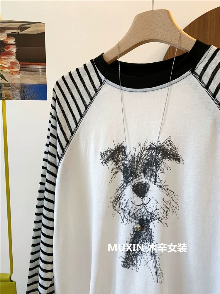 Scrawl Puppy Print Summer Cool Silk Thin Loose Striped Raglan Long Sleeve Korean Style Sunscreen T-shirt Women