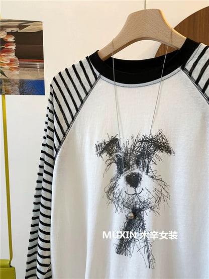 Scrawl Puppy Print Summer Cool Silk Thin Loose Striped Raglan Long Sleeve Korean Style Sunscreen T-shirt Women
