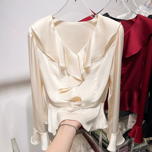 2024 new Korean style slim V-neck ruffled solid color pullover long-sleeved chiffon shirt female spring thin top