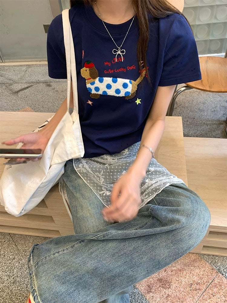CCKOK cute dachshund puppy shoulder T-shirt 2024 spring and summer new Hong Kong style niche design short-sleeved women's trendy ins