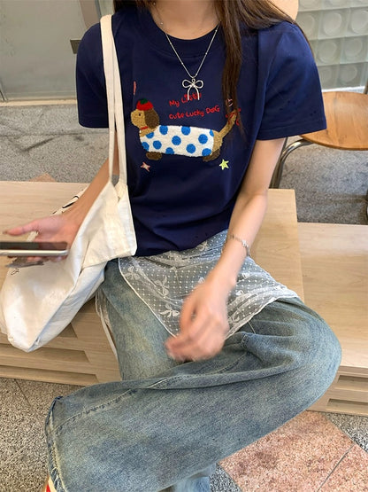 CCKOK cute dachshund puppy shoulder T-shirt 2024 spring and summer new Hong Kong style niche design short-sleeved women's trendy ins