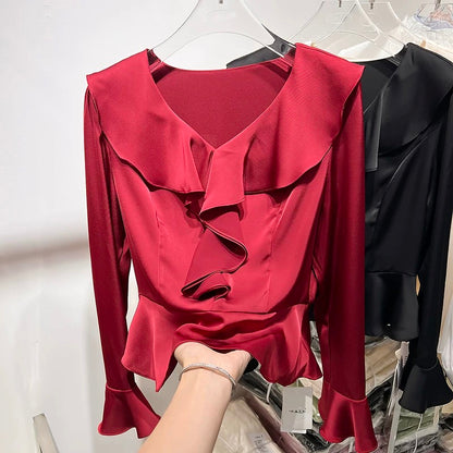 2024 new Korean style slim V-neck ruffled solid color pullover long-sleeved chiffon shirt female spring thin top
