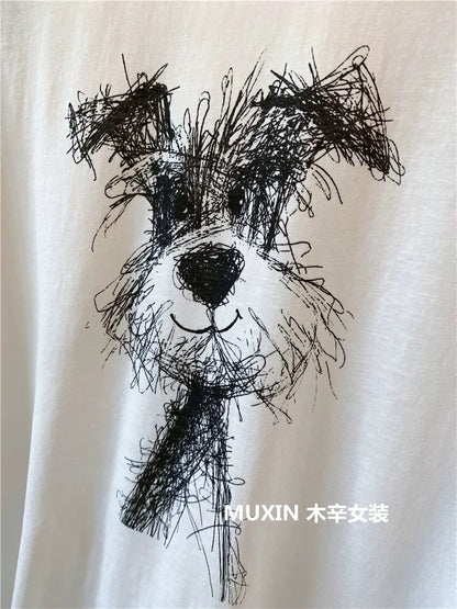 Scrawl Puppy Print Summer Cool Silk Thin Loose Striped Raglan Long Sleeve Korean Style Sunscreen T-shirt Women