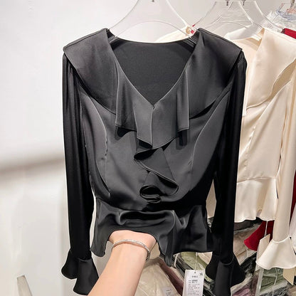 2024 new Korean style slim V-neck ruffled solid color pullover long-sleeved chiffon shirt female spring thin top