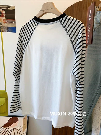 Scrawl Puppy Print Summer Cool Silk Thin Loose Striped Raglan Long Sleeve Korean Style Sunscreen T-shirt Women