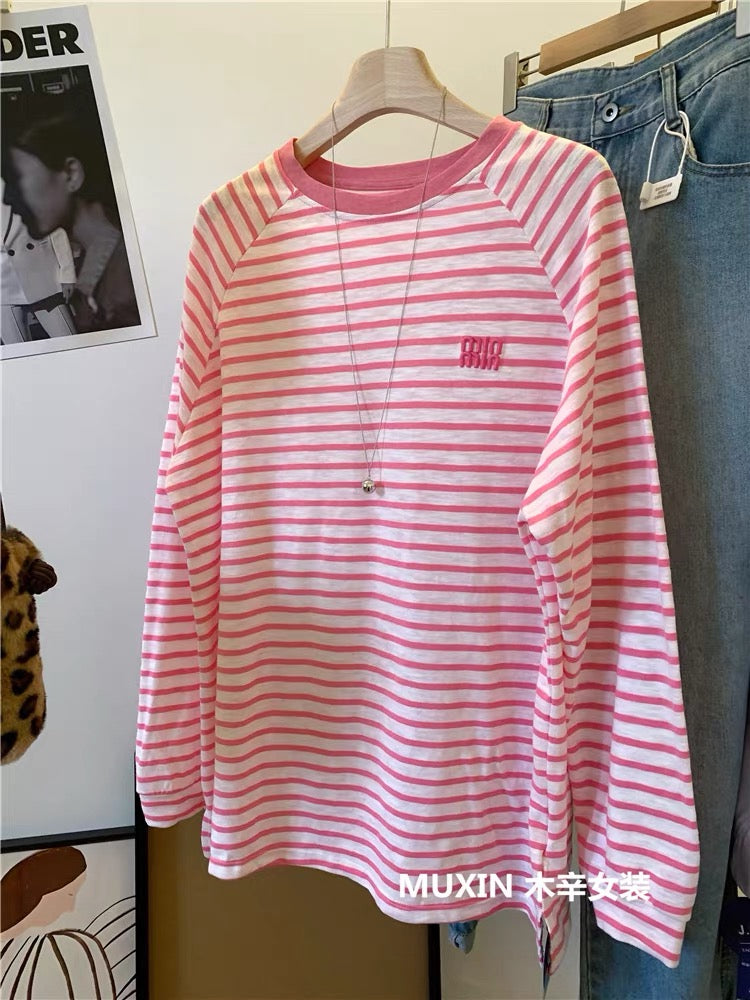Pink striped bamboo cotton embroidered letters spring and autumn new Korean version of the shoulder sleeve loose women's T-shirt