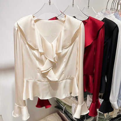 2024 new Korean style slim V-neck ruffled solid color pullover long-sleeved chiffon shirt female spring thin top