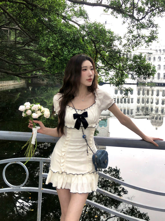 DREAM SEVEN77 Bow short-sleeved dress for women 2024 summer new fungus edge slimming short skirt