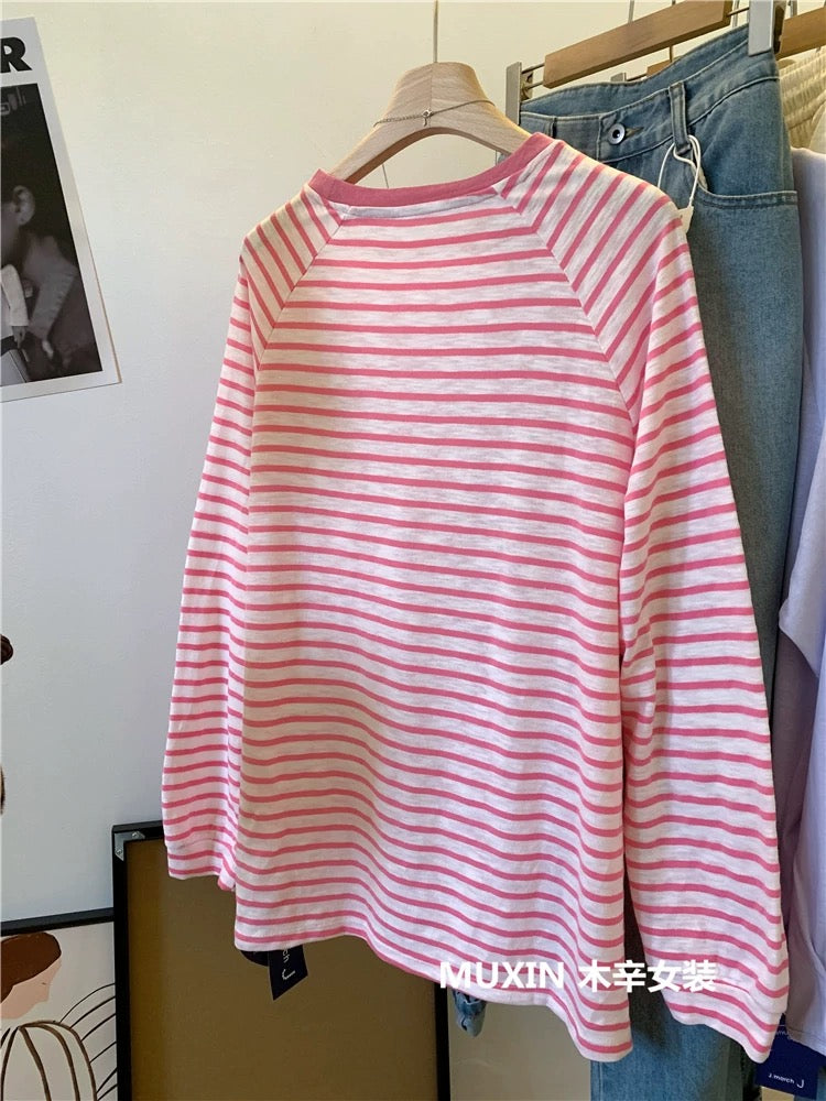 Pink striped bamboo cotton embroidered letters spring and autumn new Korean version of the shoulder sleeve loose women's T-shirt