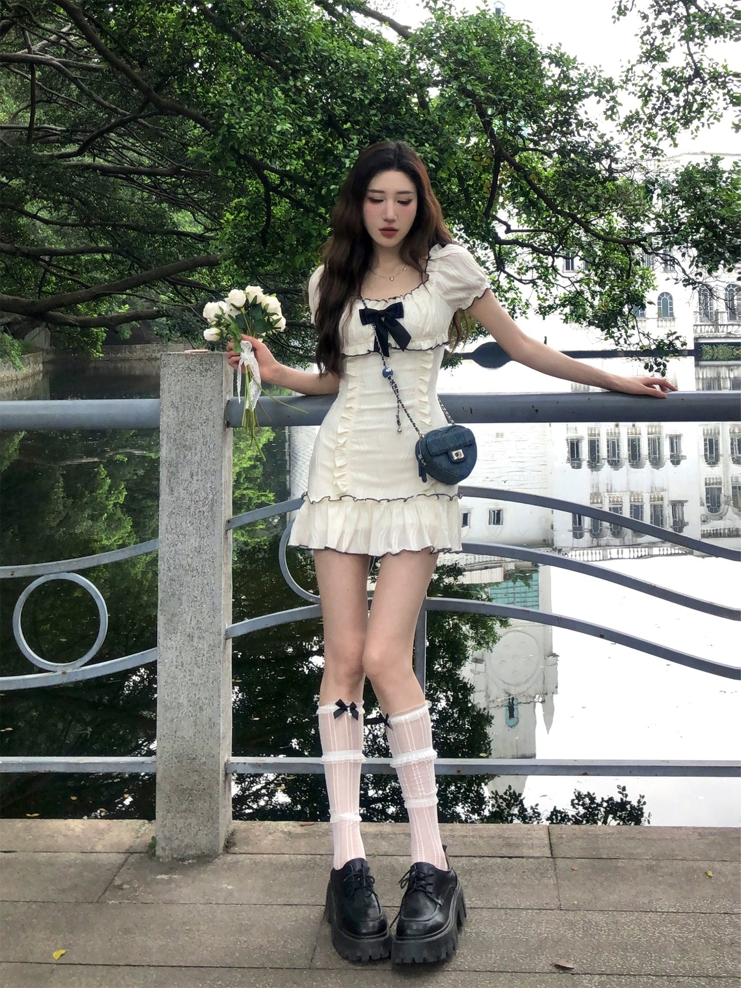 DREAM SEVEN77 Bow short-sleeved dress for women 2024 summer new fungus edge slimming short skirt