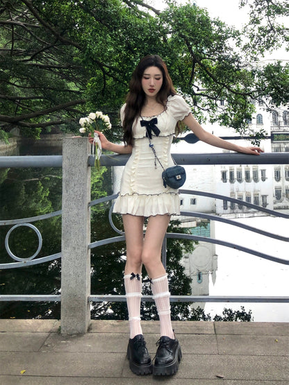 DREAM SEVEN77 Bow short-sleeved dress for women 2024 summer new fungus edge slimming short skirt