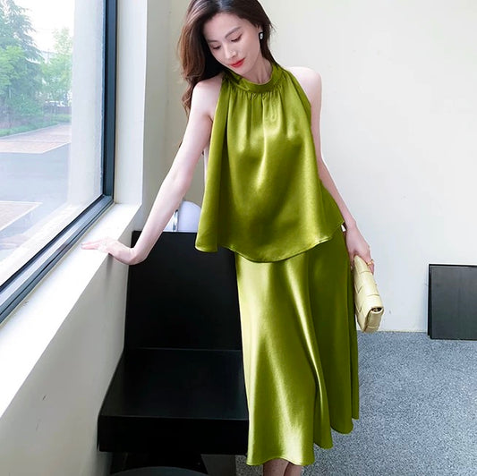 Real acetate satin texture silky off-shoulder top women's summer high-end two-piece suit with skirt