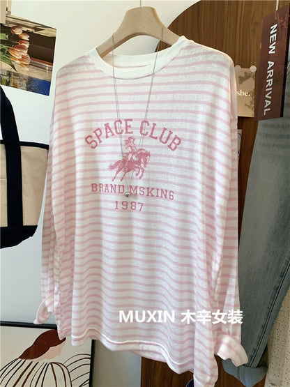 American printed striped casual T-shirt round neck sun protection top 2025 summer new loose slim versatile