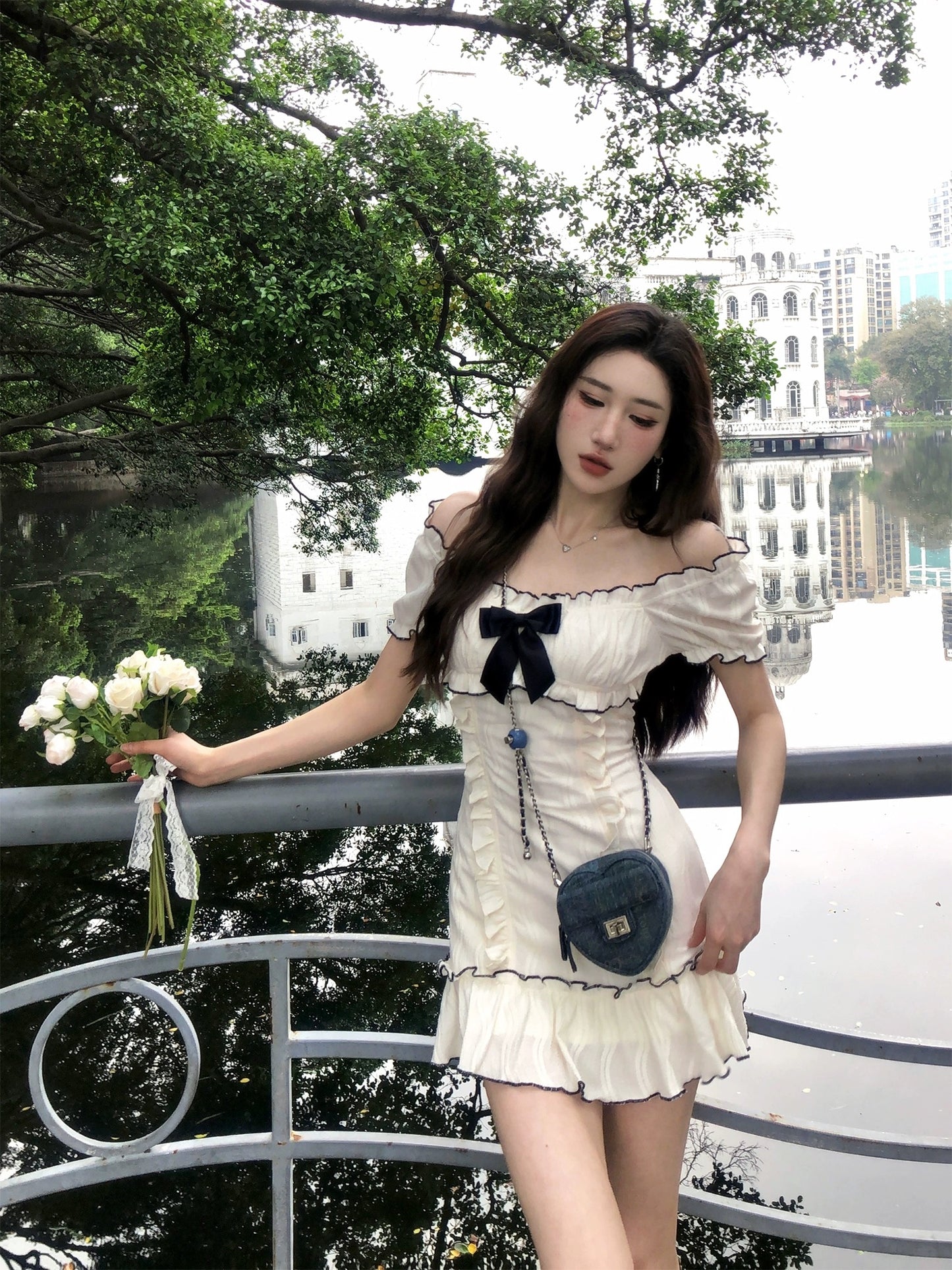 DREAM SEVEN77 Bow short-sleeved dress for women 2024 summer new fungus edge slimming short skirt