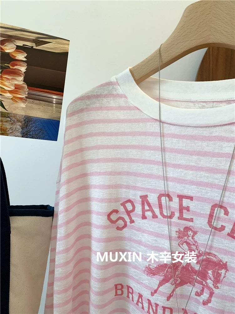 American printed striped casual T-shirt round neck sun protection top 2025 summer new loose slim versatile