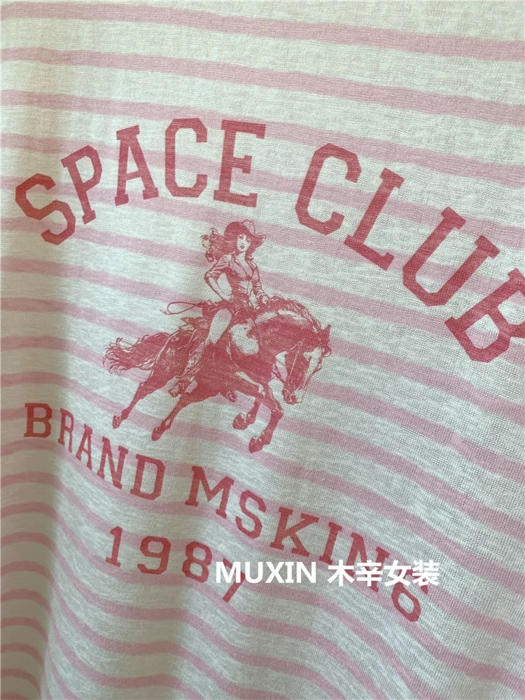 American printed striped casual T-shirt round neck sun protection top 2025 summer new loose slim versatile